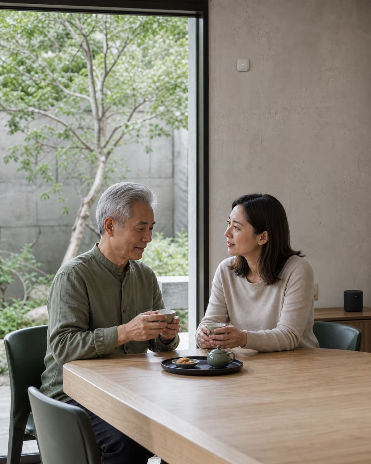 年長父親與成年女兒在家中一起喝茶交談