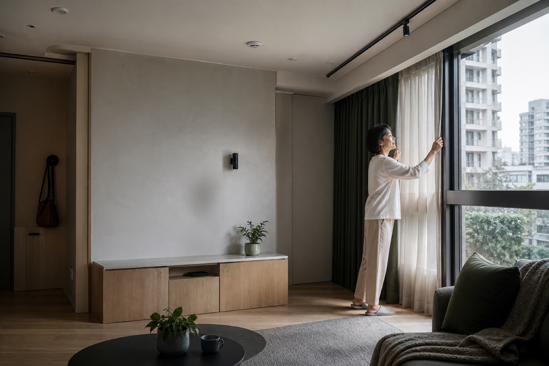 自然晨光中的台灣居家空間，一位女性正在窗邊拉開窗簾